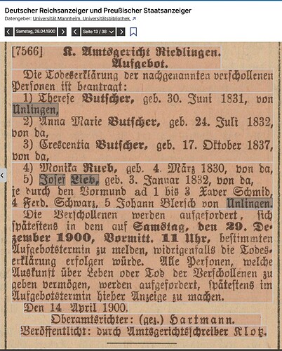 1900-04-28 Deutscher Reichsanzeiger S.13 Todeserklärungen Butscher Rueb Lieb Unlingen