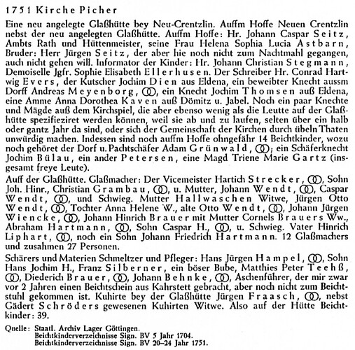 Wendt 1751 auf Glasütte Neu Krenzlin in Glashütten in Mecklenbug v. Ernst Ritter ZNF 1963 Jgg. 38 - 1970 Jgg. 45 Seite 18