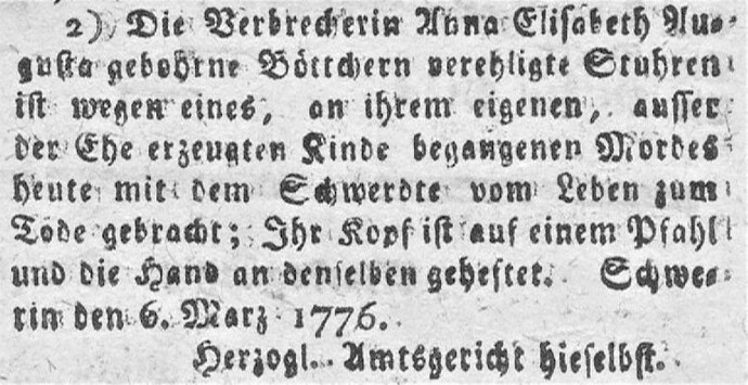 Anna Elisabeth Augusta Stuhren geb. Böttcher  hingerichtet am 06.03.1776 in Schwerin