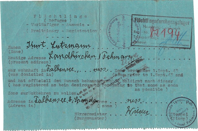 Lutzmann Kurt 1945~ Flüchtlingsausweis Fehmarn