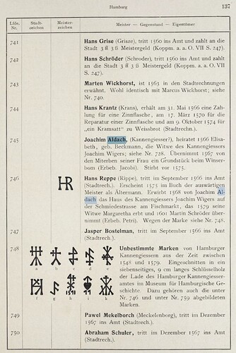 Aldach in Die deutschen Zinngießer und ihre Marken Band 3 Norddeutsche Zinngießer 1923, S. 137