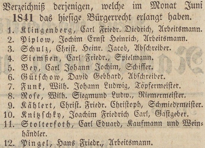 Verzeichniß Bürgerrecht v. Juni 1841