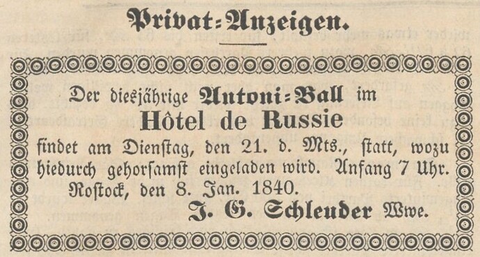 Anzeige von J. G. Schleuder 08.01.1840