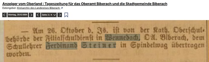 1894-10-29 Anzeiger vom Oberland S.3 Steiner Ferdinand Schullehrer in Spindelwag 2