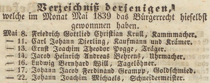 Verzeichniß Bürgerrecht v. Mai 1839