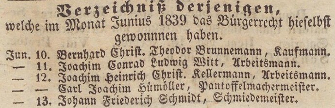 Verzeichniß Bürgerrecht v. Juni_1 1839