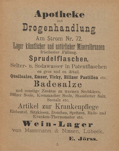 Anzeige Wein-Lager von Massmann & Nissen, Lübeck. E. Jörss. in Adreßbuch Warnemünde v. 1888