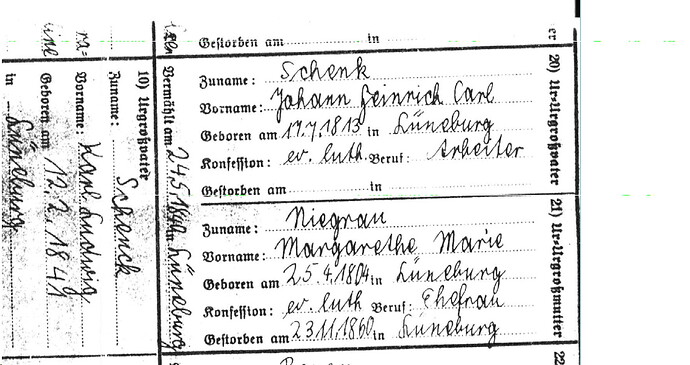 Formularblatt zur Ahnenreihe Niegrau MM