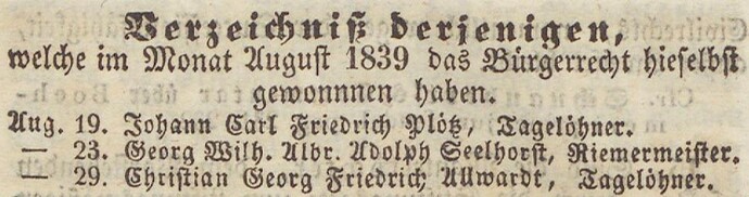 Verzeichniß Bürgerrecht v. Aug. 1839