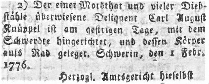 Carl August KNÜPPEL hingerichtet am 01.02.1776 in Schwerin