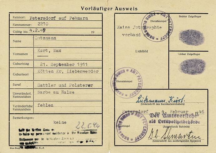 Lutzmann Kurt 1946 Ausweis Fehmarn
