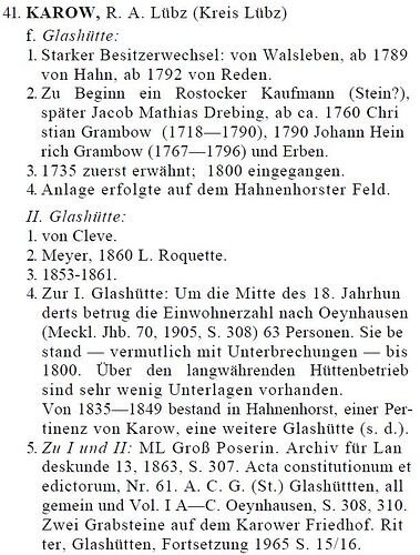 Karow in Gesamtverzeichnis der Glashütten in Mecklenburg v. Ralf Wendt