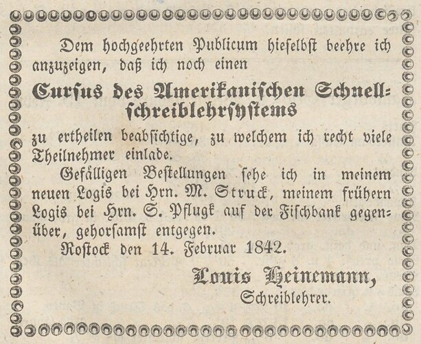 Anzeige Louis Heinemann Schreiblehrer v. 14.02.1842