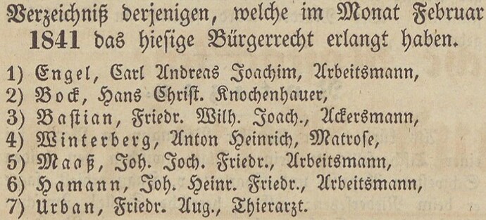 Verzeichniß Bürgerrecht v. Feb. 1841