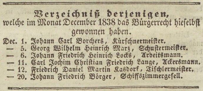 Verzeichniß Bürgerrecht v. Dez. 1838