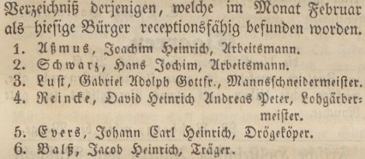 Verzeichniß Bürgerrecht v. Feb. 1 1846