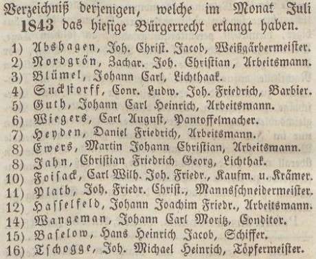 Verzeichniß Bürgerrecht v. Juli 1843