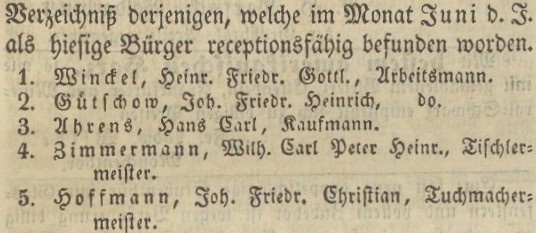 Verzeichniß Bürgerrecht v. Juni 1 1845