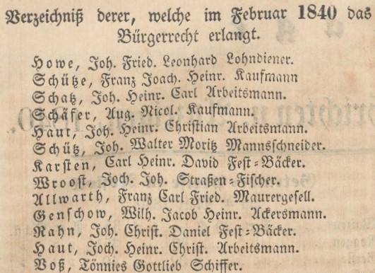Verzeichniß Bürgerrecht v. Feb. 1840