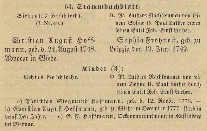 63. Stammblatt in Stammbaum der Familie des Dr. Martin Luther (1846)