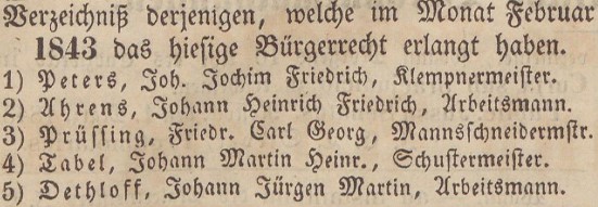 Verzeichniß Bürgerrecht v. Feb. 1843