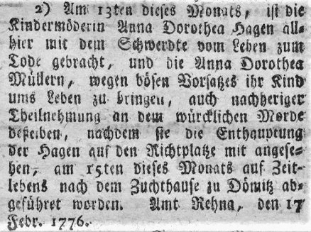 Anna Dorothea Hagen hingerichtet am 13.02.1776 in Rehna