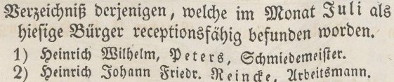 Verzeichniß Bürgerrecht v. Juli 1 1847
