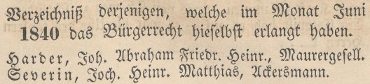 Verzeichniß Bürgerrecht v. Juni 1 1840