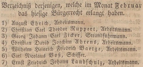 Verzeichniß Bürgerrecht v. Feb. 1845