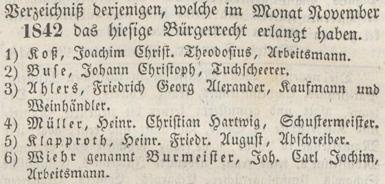 Verzeichniß Bürgerrecht v. Nov. 1842