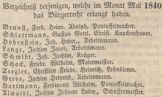Verzeichniß Bürgerrecht v. Mai 1840